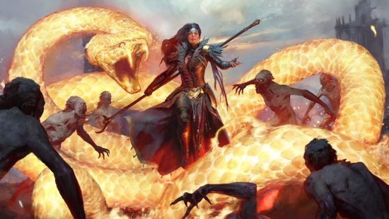 Una maga femenina con un bastón convocando una serpiente de fuego que quema a los demonios que intentan matarla.