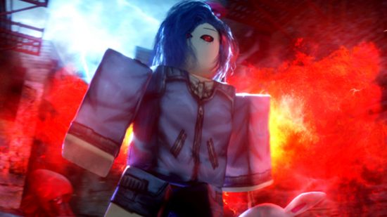 Códigos de Ro Ghoul: un personaje de roblox mira hacia la distancia con ojos rojos que brillan a través de su cabello azul.