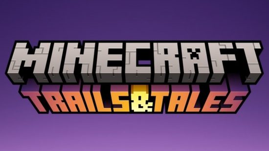 El logotipo de la actualización de Minecraft Trails & Tales, con el nombre de la actualización en una fuente grande y cuadrada de Minecraft sobre un fondo morado.