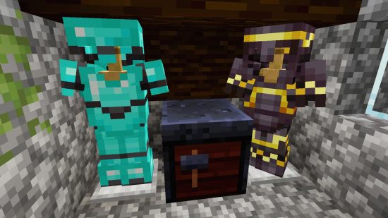 Fecha de lanzamiento de Minecraft 1.20 características: Adornos para armaduras, mostrados por dos conjuntos de armaduras recortadas junto a la Mesa de Herrería actualizada.