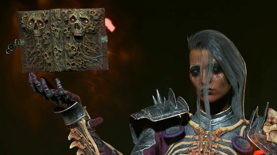 Diablo 4 uniques podrían soltarse para el Nigromante que sostiene un libro con cráneos