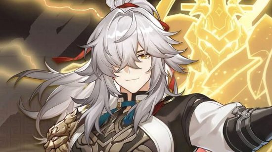 Honkai Star Rail tier list: Jing Yuan poses dramatically, his silver hair streaming around him, dressed in ceremonial armour and surrounded by his lightning spirit summon.
