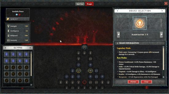 La tabla de Paragon Diablo 4 muestra varios nodos desbloqueables que otorgan bonificaciones al jugador. Se selecciona uno, que muestra un Glyph de Nigromante.