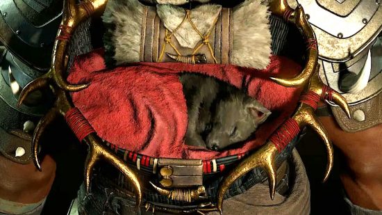 The Beta Wolf Pack cosmetic item that can be redeemed by players who took part in the server slam, a backpack framed in antlers and carrying a black-furred wolf pup curled in a red blanket, a Diablo 4 pet.