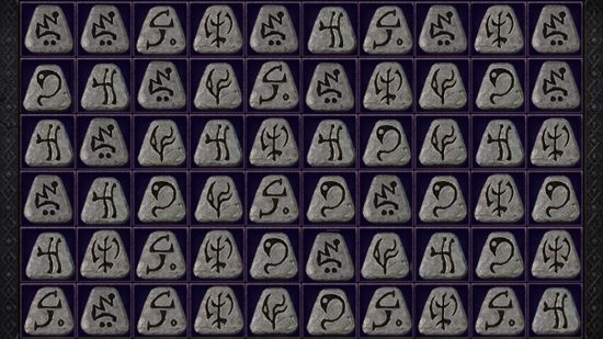 Una imagen de filas y columnas de varias runas de Diablo 4.