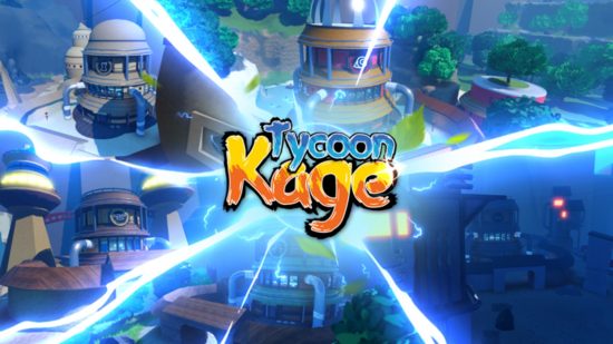 Códigos de Kage Tycoon: Una imagen promocional de Kage Tycoon en Roblox, con algunos de los entornos del mundo detrás de las palabras 